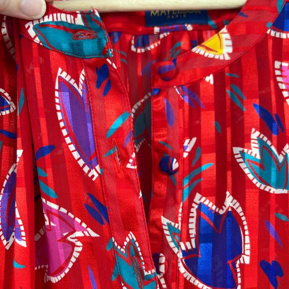 Vintage Mayeelok Paris Skirt Blouse Set Womens M Red Colorful Pleated Midi Satin - Picture 9 of 11